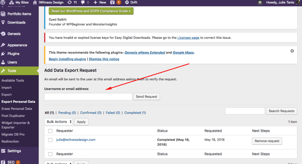 WordPress Data Export Request Tool