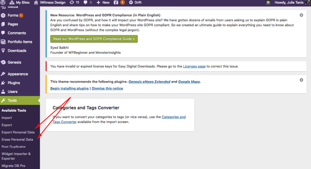 Export and Erase Personal Data Tools in the WordPress Dashboard