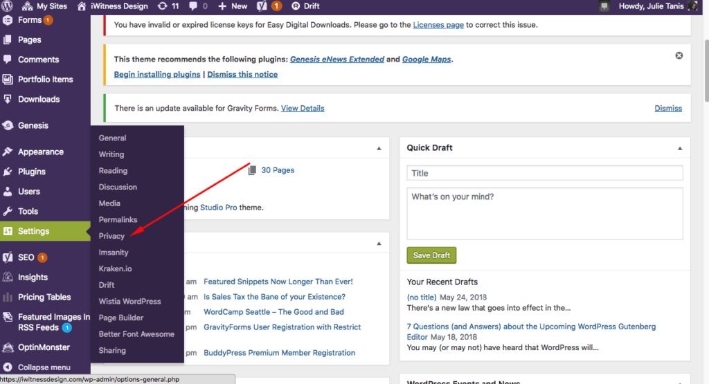 GDPR Privacy Settings in WordPress Dashboard