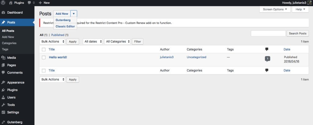 Create new post options: Gutenberg or Classic Editor