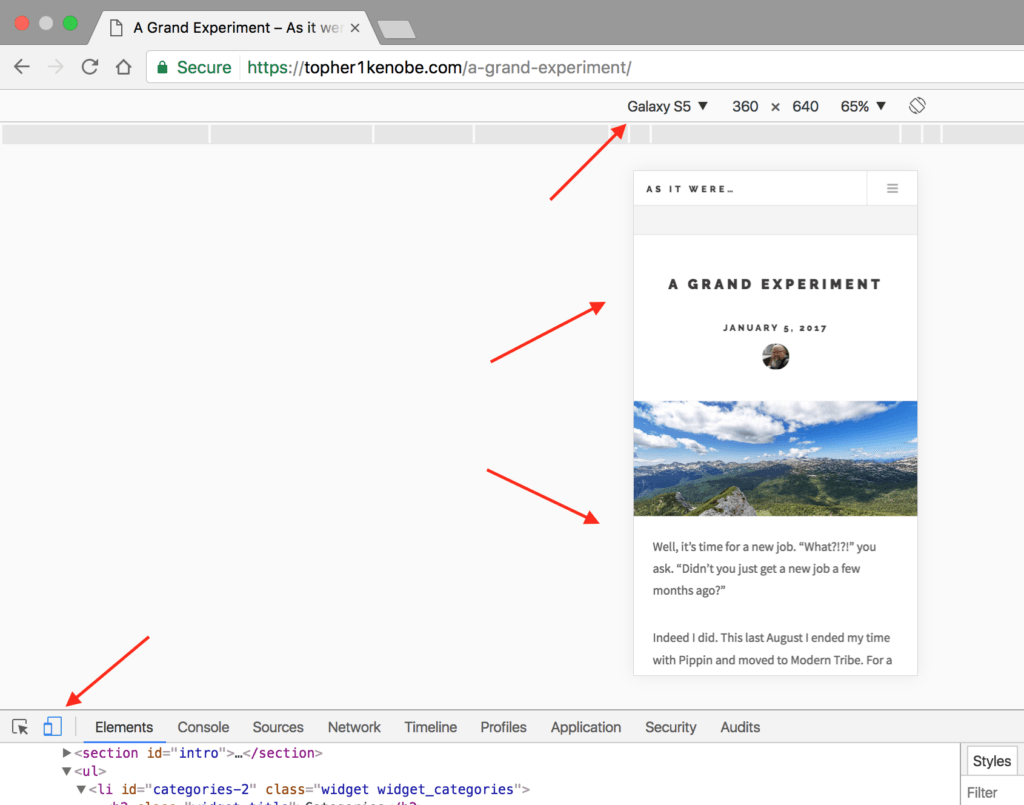 Screenshot of Chrome's mobile testing tools